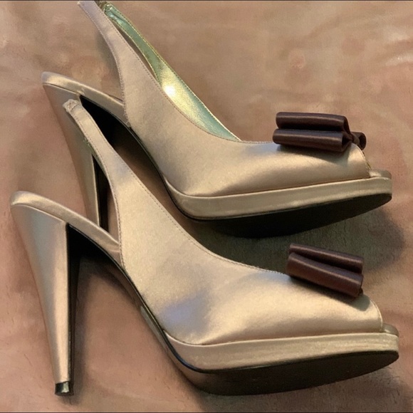 Nina satin champagne bow slingback size 5 1/2 - Picture 2 of 8